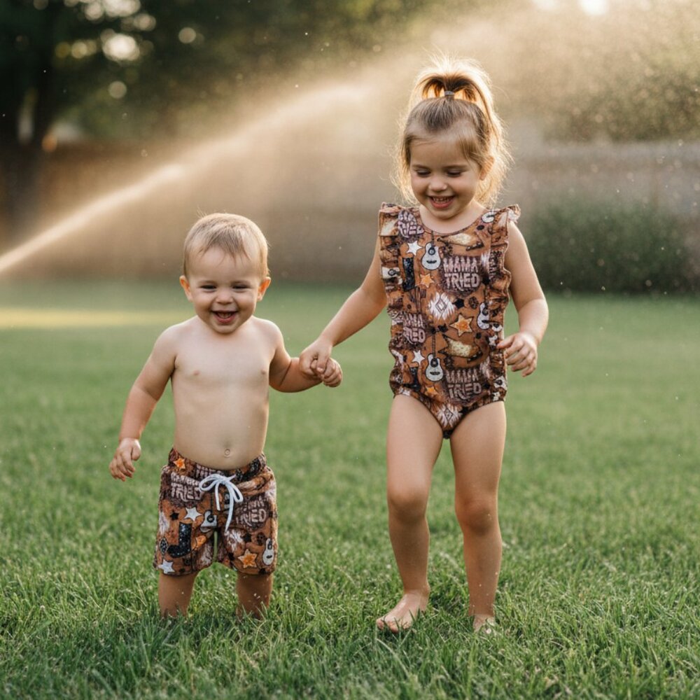 Mama Tried Western Swimsuit: Ruffle Bathing Suit & Swim Trunks